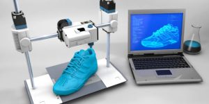 3D printer machine is printing performance shoe in home.